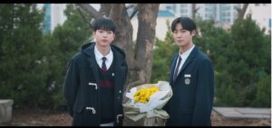 Head Over Heels Kdrama school trio friendship moment with three students standing together.