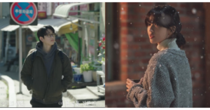 The witch kdrama lead actors in a split screen, looking at something in a way it looks that they're looking at each other.